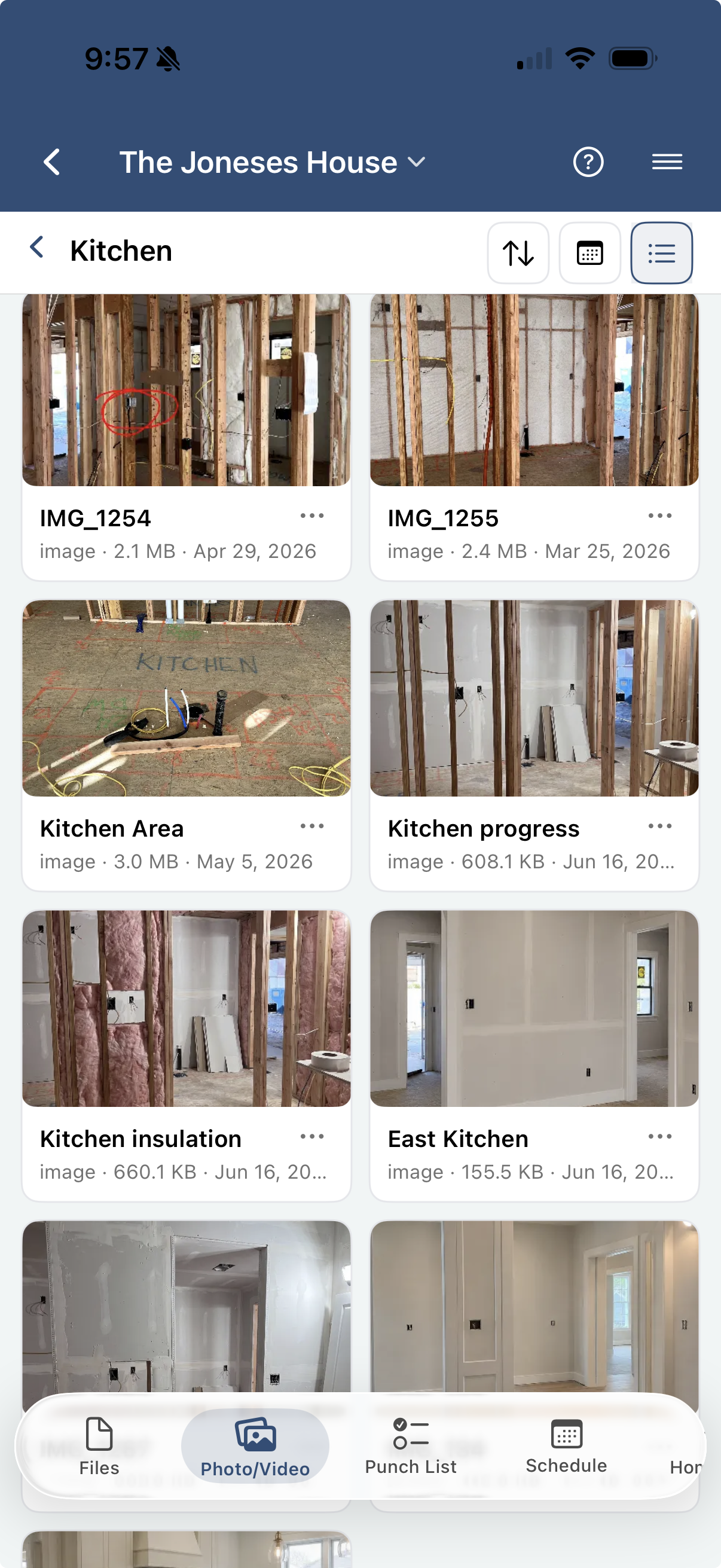 The corabuild.ai app showing the Kitchen folder with progress photos and an annotated image